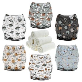 Mama Koala 3.0 - Pañales de tela para bebés con forro AWJ, paquete de 6 con 6 insertos de tela natural, pañales de bolsillo reutilizables y lavables (Space Ranger)