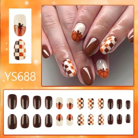 Thanksgiving Day Press on Nails Almond Glossy Fake Nails Pumpkin False Nails Grid Glue on Nail Short Brown White Stick on Nails Full Cover Artificial Acrylic Nail for Women Autumn Nail Decoration
