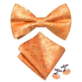 GUSLESON Orange Bow Tie and Pocket Square Set for Men Red Floral Pre-Tied Bowties Cufflinks for Wedding (0493-14)