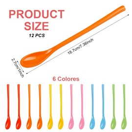 Pack of 12 Plastic Spoons, Long, 18.7 cm Plastic Spoons, 6 Colours, Long Rice Spoons, Dishwasher Safe, Egg Spoons, Plastic, Colourful, Plastic Spoon