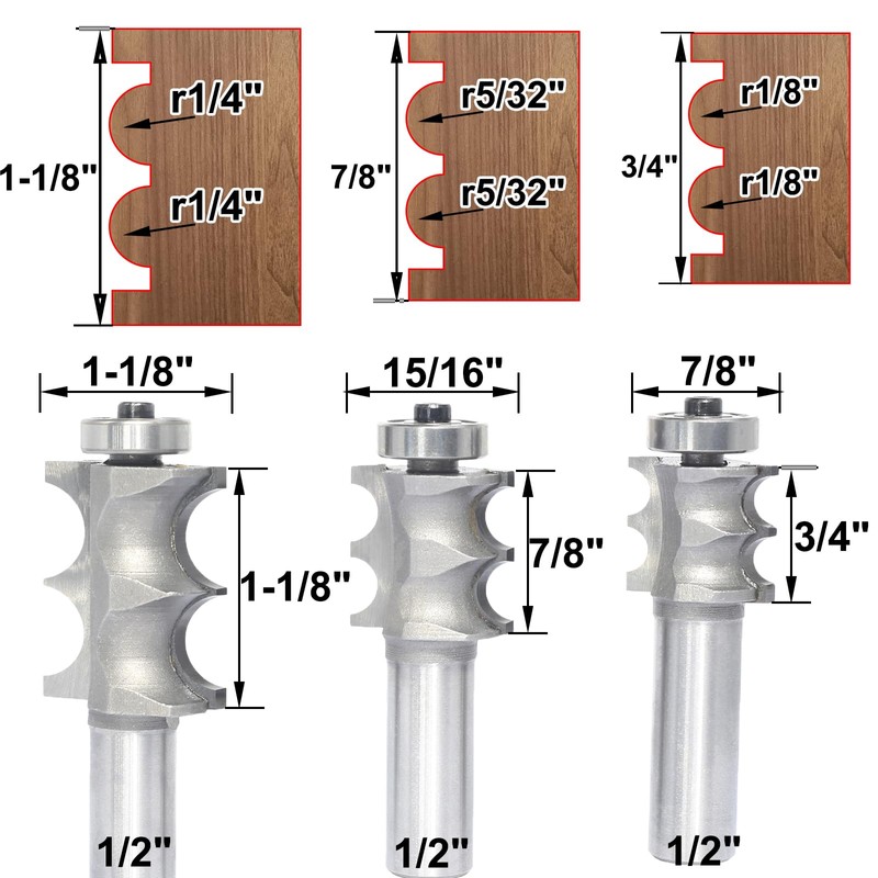 3Pcs Double Beading Router Bits 1/2" Shank,Cutting Height 3/4",7/8",1-3/8" Pair