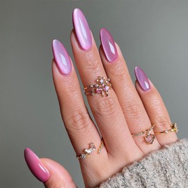 IMSOHOT Pink Press on Nails Medium Almond Fake Nails Cat Eye Jelly Glitter False Nails Glossy Glue on Nails UV Gel Nail Art for Women 24Pcs Stiletto Acrylic Solid Color Nails Stick on Nails