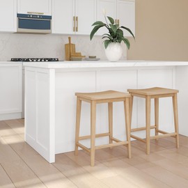Plank+Beam Smythe Counter Stool, 24", Set of 2, Sturdy Wood Modern Kitchen Counter Height Stool, Saddle Seat Backless Counter Chair, Metal Footrest, Blonde