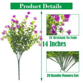 Grunyia 20 Bundles Artificial Flowers UV Resistant Fake Flowers No Fade Faux Plants Garden Porch Window Box Decorating (Purple)
