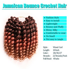 Jamaican Bounce Crochet Hair 4Packs 10Inch 22Roots Wand Curl For Black Women(10 Inch 4 Packs, 1B/30/27)