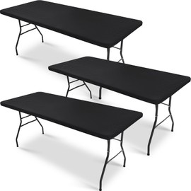 Oudain 3 Pcs Tablecloth for Folding Fitted Rectangular Table Cloth 30 x 72 Inch Vinyl Waterproof Plastic Table Cover Flannel Backed with Elastic Rim for Indoor Picnic Outdoor Party Camping (Black)