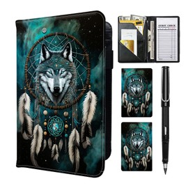 RAUEDWDJS Server Book for Waitress with Everlasting Pencil, Money Pocket Leather Wallet Booklet, Guest Check Receipt Holder Presenters, Waiter Accessories Fit Server Apron-Dream Catcher Wolf