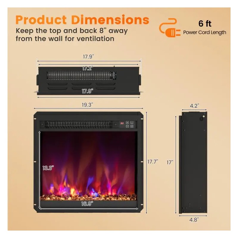 1500W Electric Fireplace Insert 18/23/26 Inch with Remote Control Home
