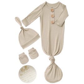 Newborn Baby Knotted Gown Headband/Hat Set Clothes Bamboo Viscose Sleep Gown with Announcement Sign (Khaki, 0-3 Months)