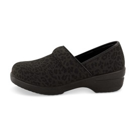 CUSHIONAIRE Women's Claire Slip-On Clog, Vegan Leather, Memory Foam, Lightweight Comfort Clog with 1.5-Inch Heel Black/Leopard 6