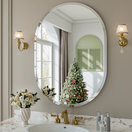 JIINGYO Frameless Oval Mirror, 22"x30" Beveled Oval Bathroom Vanity Mirrors for Wall, Wall Mounted Mirror for Bedroom, Entryway, Living Room, Hangs Horizontally or Vertically