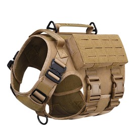 Vmokki Dog Harness with 3 Pockets, 2 Handles, 3 D-Ring Tactical Padded Adjustable Molle Safety Harness Chest Harness for Medium Large Dogs (Brown, M)