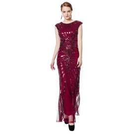 Metme Women's 1920s Vintage Fringed Sequin Long Flapper Gatsby Dress for Party,Wine,X-Small