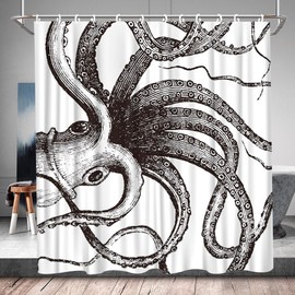 Octopus Tentacles Shower Curtain Nautical Kraken Monster Marine Life Abstract Black and White Polyester Fabric Bathroom Decor Set with Hooks 70W x 70H Inch
