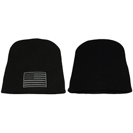 Trade Winds 8" USA Subdued Grey Gray & Black Patch Embroidered Black Knit Winter Beanie Skull Cap Hat