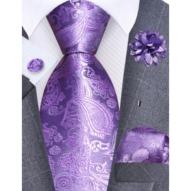 Gusleson Mens Lavender Tie Paisley Wedding Light Purple Necktie Pocket Square Cufflinks and Lapel Pin Brooch Set (UK6105-14)