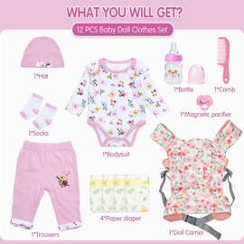 Reborn Baby Doll Clothes Accessories with Carrier for 17-20-22 Inch Babydolls, 12 Pcs Realistic Girl Outfits Floral Baby Doll Carrier and Feeding Accessories