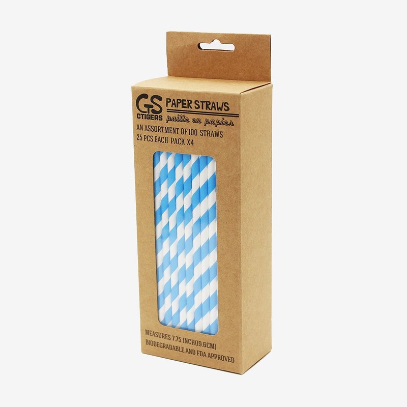 Light Blue Striped Drinking Paper Straws for Birthday Party Wedding