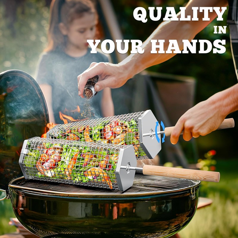 ivtivfu Rolling Grill Basket, Removable Wooden Handle, 304 Stainless Steel,