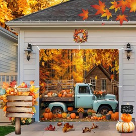 Fall Thanksgiving Garage Door Cover Decorations Backdrop Banner,7x8ft Large Hanging Single Car Garage Door Cover,Autumn Maple Forest Pumpkin Truck Backdrop Wall Decor,Outdoor Holiday Decorations