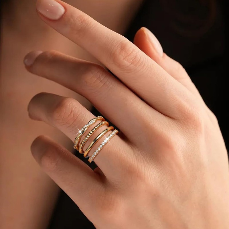 RIXERKOC Women's Gold Rings, 18 K Gold-Plated Stacking Rings, Waterproof