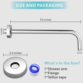 Nuodan Shower Arm with Flange, 15 Inches Wall Mount Replacement Extension Showerhead Arm For Fixed Shower Head, Chrome