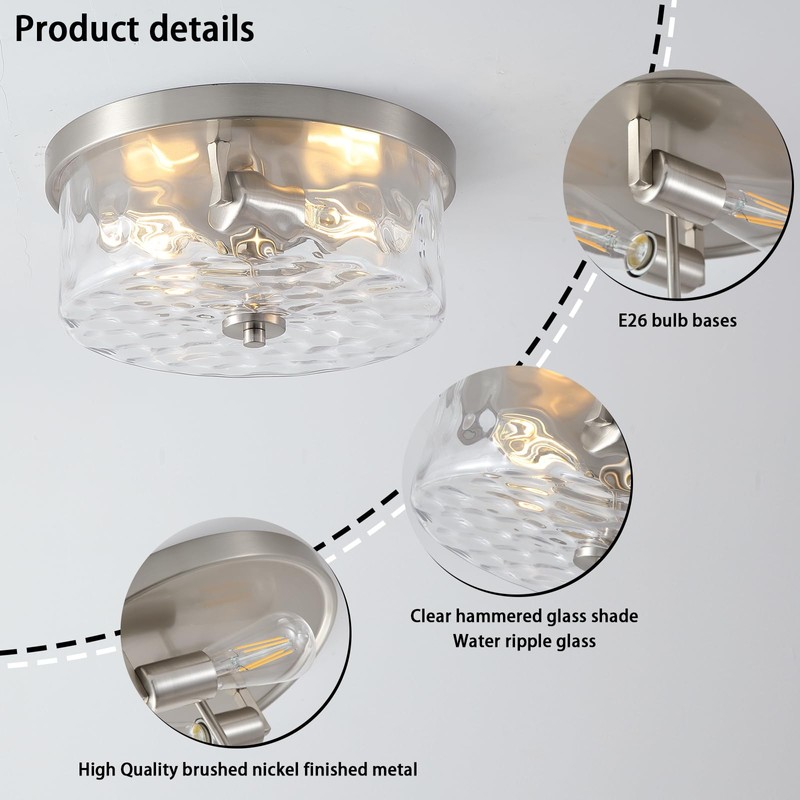 Litaddscen Hammered Glass Brushed Nickel Flush Mount Ceiling Light,2-Lights Modern