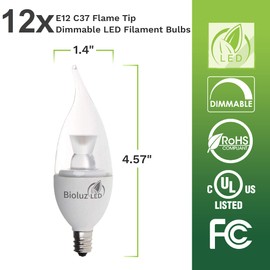 Bioluz LED 12 Pack Flame Tip Candelabra LED Bulb, Dimmable 40 Watt Chandelier Bulbs 40 (uses 4.5W) Watt E12 Base Candle Bulbs 2700K (Warm White) Indoor/Outdoor