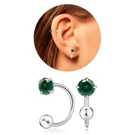 VDKIDKT Tiny 3mm Natural Birthstone Earrings for Women Teen Girls Small Huggie Half Hoop Earrings Tiny Cartilage Hypoallergenic Stud Screw Earrings (Silver, 5.May-Emerald)