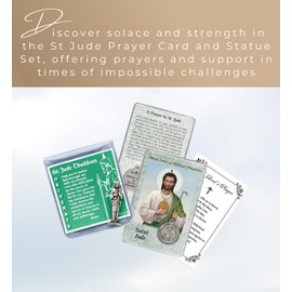 St Jude Prayer Card - Mini San Judas Statue, The Lord's Prayer - Holy Card with Affixed Medal - Patron Saint of Hope and Impossible Causes Catholic Themed Set, 3 Items