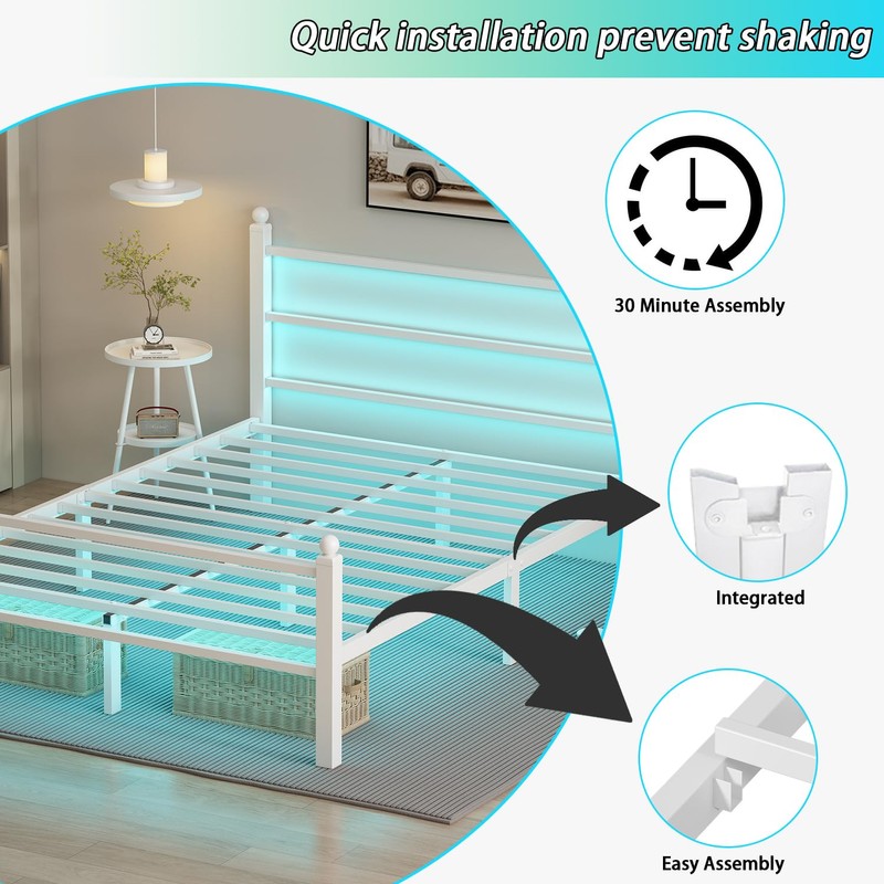 Gohapnis Full Size Bed Frame with Headboard and Footboard,White Metal