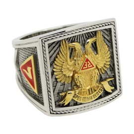 UNIQABLE Scottish Rite 32 Degree Wings Up Masonic Knights Templar Silver 18k Gold Plated Freemasonry Signet Ring KTR023 (8.5)