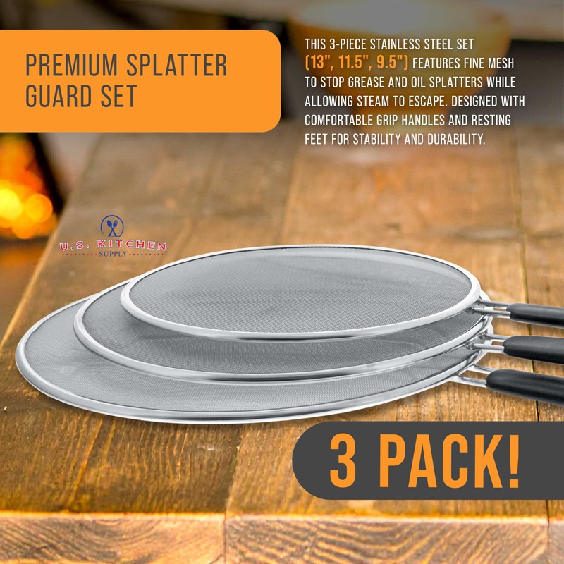 U.S. Kitchen Supply 3-Piece Stainless Steel Splatter Guard Set (13",
