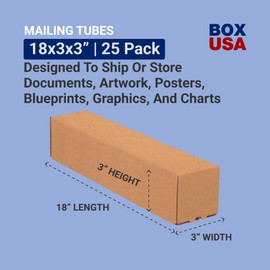 BOX USA Cardboard Box 18"L x 3"W x 3"H, Pack of 25 | Poster Tube for Mailing and Storage of Blueprints, Artwork, Crafts, Long Art Holder, 18 inches