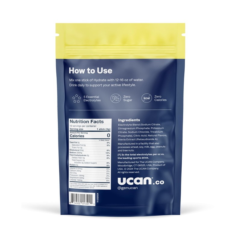 UCAN Hydrate Electrolyte Drink Mix (Pineapple, 30 Servings) Sugar-Free, Keto-Friendly,