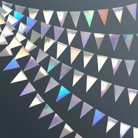 40 Ft Iridescent Triangle Banner Flag Double Sided Metallic Holographic Paper Pennant Bunting Garland for Birthday Anniversary Engagement Wedding Bridal Baby Shower Graduation Hen Party Decorations