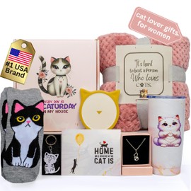 QUILE Luxury Cat Gifts for Cat Lovers, 8pc Feline Set with Premium Blanket & Shatterproof Steel Tumbler, Feline Mom Gifts Box, Cats Themed Gifts for Women, Cats Lady Gift for Birthday & Mother's Day