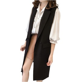 Tunacci Women's Long Vest, Gilet Vest, Sleeveless, Formal, Office, Conceals Your Buttocks, Spring, Autumn, Black