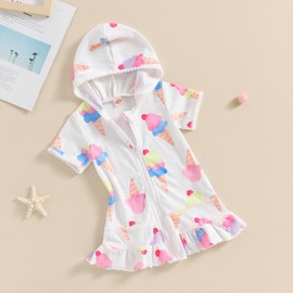 HKYFNNBW-Kids Toddler Girl Swim Cover Up Dress Zipper Hooded Swim Dress Short/Long Sleeve Ruffle Coverups Bathing Suit Swimwear (White Ice Cream, 3-4T)