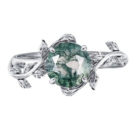 Natural Moss Agate Ring 925 Sterling Silver Opal Birthstone Ring 925 Sterling Silver Leaf Promise Ring for Her Birthday Anniversary Jewelry for Women, Solid 925 Silver, natural moss agate