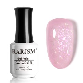 RARJSM Nude Rose Pink Glitter Gel Nail Polish Green Big Rainbow Iridescent Flakes Finish Shimmer Gelpolish 15ml Soak Off Nuded Skin Tone Color Home Salon French Manicure Varnish Curing Requires