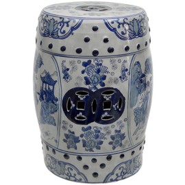 Oriental Furniture 18" Ladies Blue & White Porcelain Garden Stool
