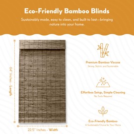Radiance Cordless Bamboo Roman Shades for Windows - Flatstick Bamboo Blinds for Semi-Private Light Control - Easy to Lift & Fold Up Window Shades - Driftwood - 22.5 in. W x 64 in. L - (2216600E)