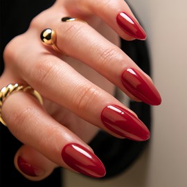 THCEVRLA Nail Tips - Red Almond Nail Tips Short Solid Color Basic Model Fake Nail Gel, Tool Kit Included, 24 Pieces