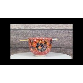 Colorful Spring Flowers Ceramic Donburi Ramen Soup Red Bowl With Chopsticks Set