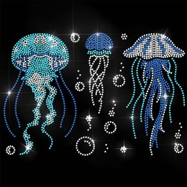 ANATTASOUL Blue Rhinestone Iron on Transfer Jellyfish Bling Diamond Hotfix Patches for Clothes, Large Iron On Sequin Applique for Jeans Jacket Caps Bag T-Shirts Shoes DIY Decor