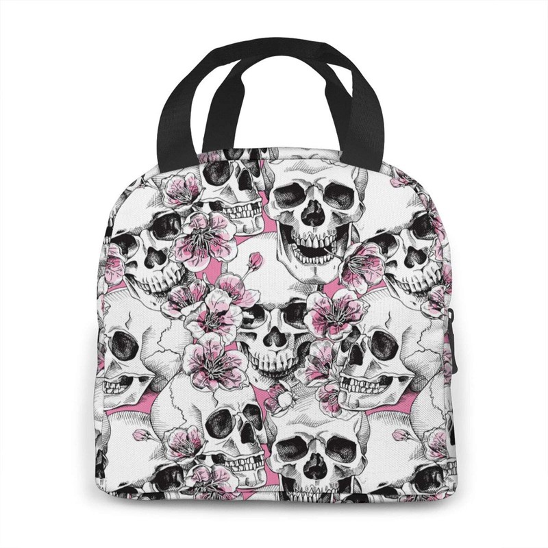Hulnulnu Insulated Lunch Bag with Skull and Flowers Reusable Portable
