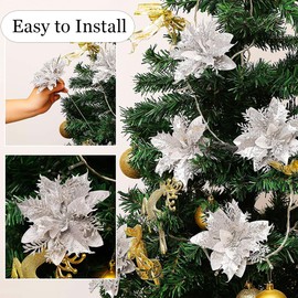 10 Pcs Silver and White Glitter Poinsettia 5.5" Artificial Flowers Christmas with Clips Stems Xmas Tree Ornaments for Wedding Party Wreath Decoration
