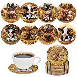 Sitsink Cow Diamond Art Coasters - 8 Pcs DIY Cute Cow Sunflower Diamond Painting Coasters Kits Cartoon Highland Cow Animal Art Craft Kit for Adults Beginners Gifts Crafts Supplies