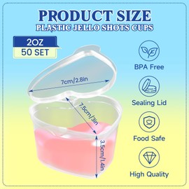 ISKYBOB 50 Sets 2oz Heart Shaped Jello Shot Cups with Lids, Love Small Jello Shot Cups, 2oz Plastic Containers with lids, Stackable Souffle Portion Cups, Salad Dressing Container To Go Condiment Cup
